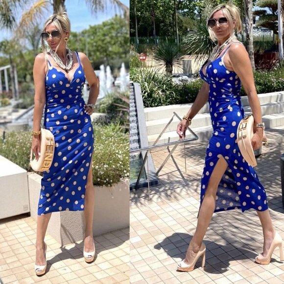 Zara Dresses & Skirts - Zara Linen Blend Polka Dot Ruched Midi Dress Blue/Tan